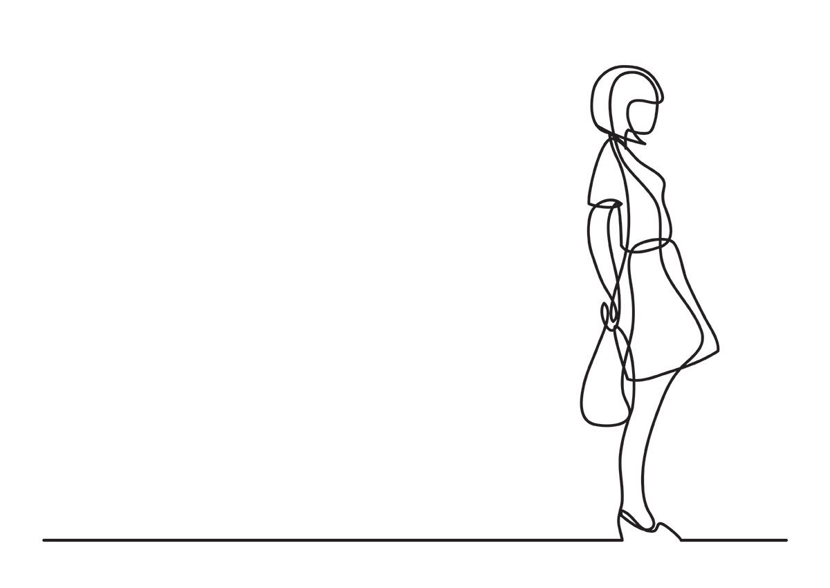 Line drawing of woman standing alone