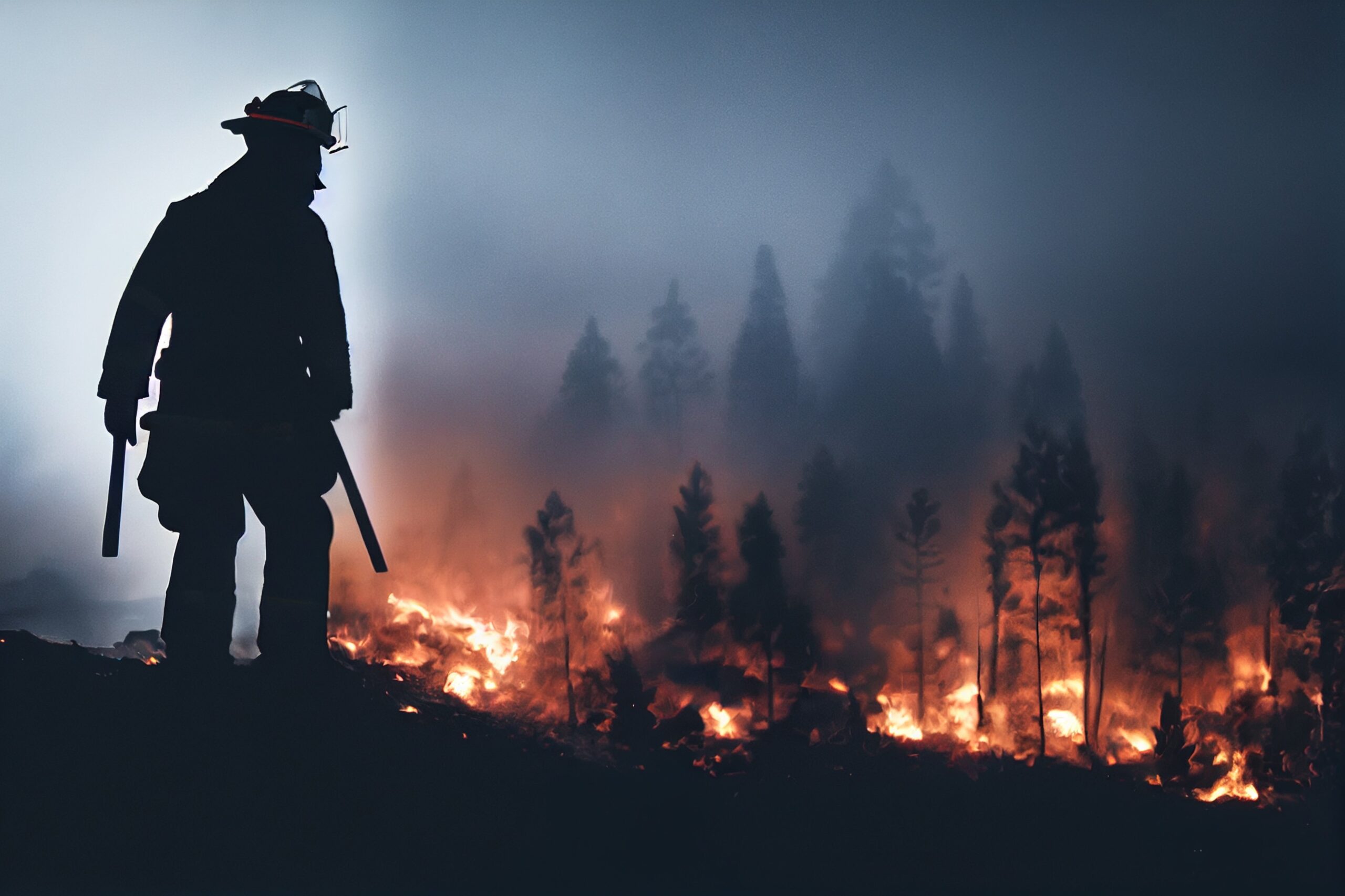 firefighter silhouette in the rain in a fire natural diasaster