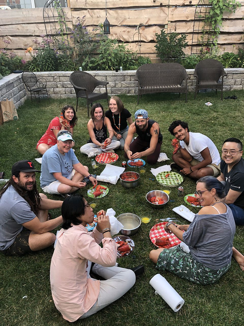 Group of people having dinner at a hostel