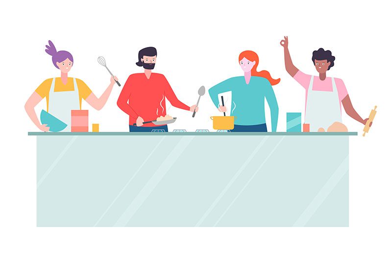 Illustration of friends cooking at a counter