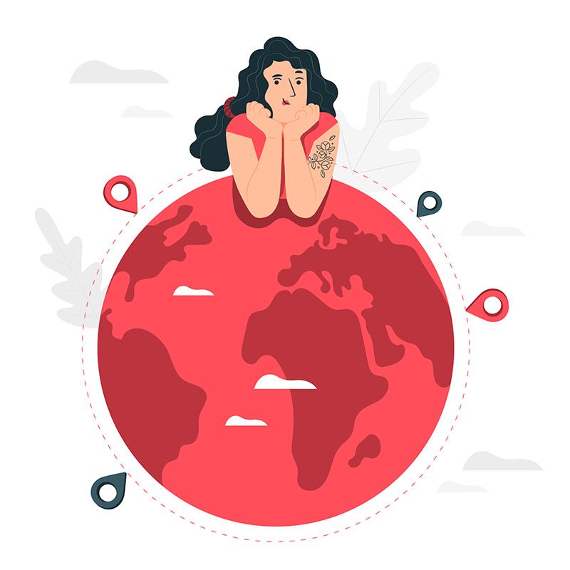 Illustration of girl on top of the world with map pins