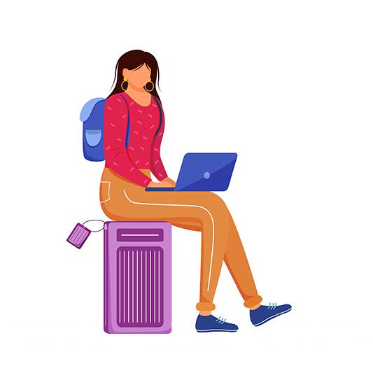 Illustration of woman sitting on suitcase using laptop