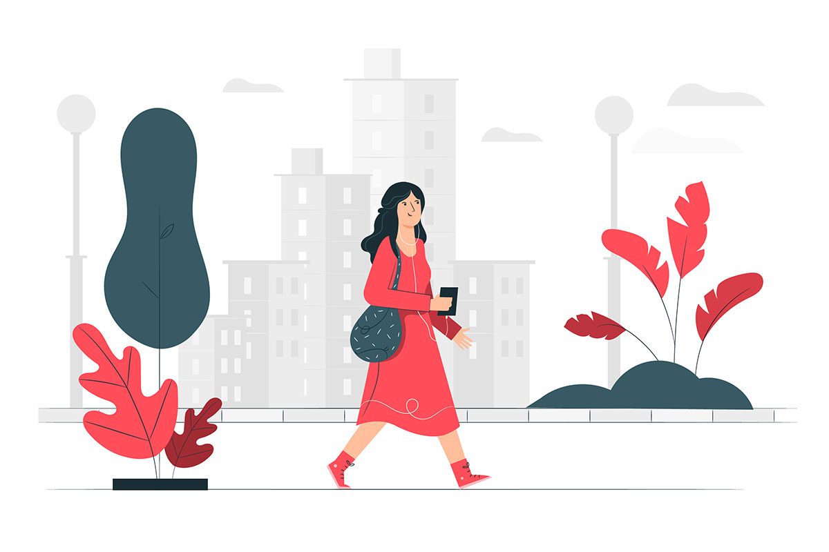 Illustration of young woman walking in a city