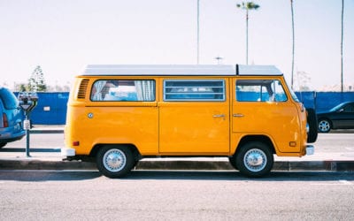 Sideview of bright yellow vintage Westfalia motorhome