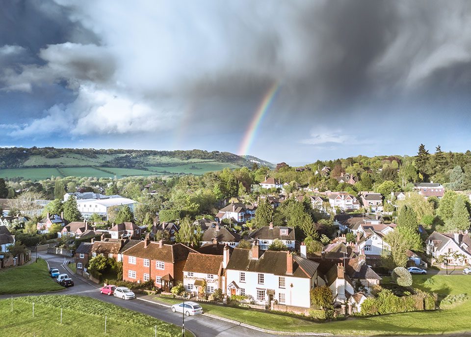 A rainbow over the South East England countryside