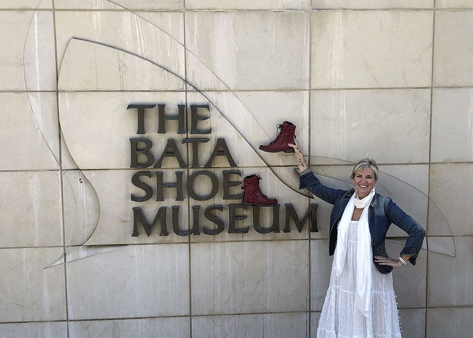 Carolyn outside the Bata Shoe Museum with Evelyn's boots