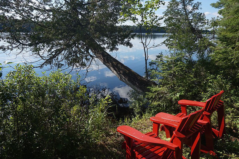 Two red muskoka chairs overlook the lake at Arowhon Park