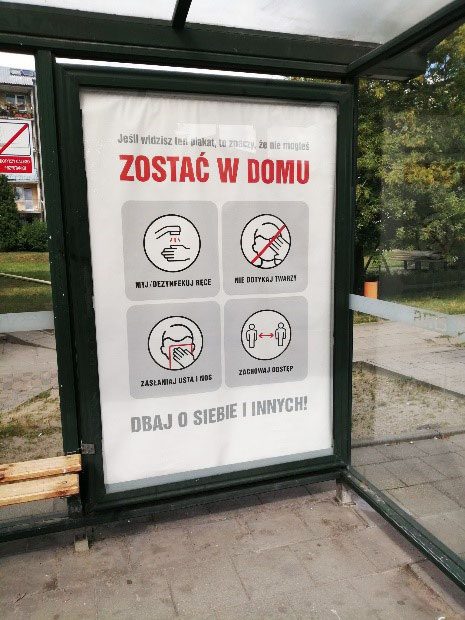 Bus signs describing how stay safe during COVID 19, Poland