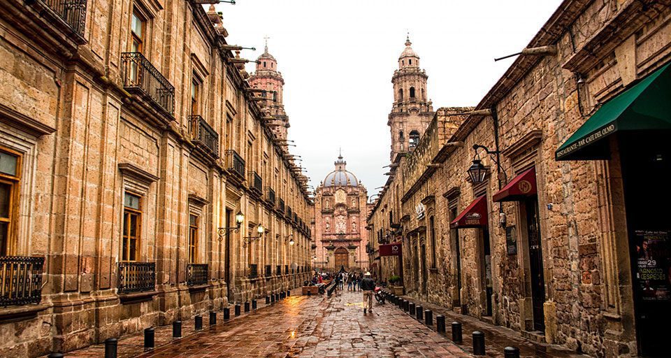 A cobbled street in Morelia Mexico