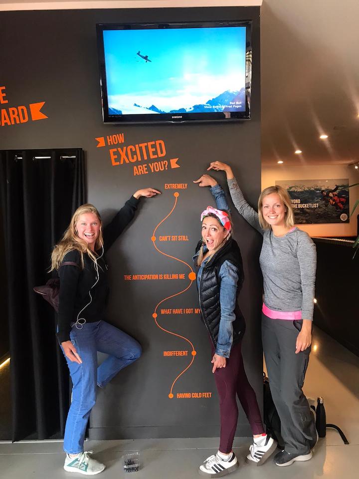 Amanda and new friends Lucie (left) and Kyra (right) show some excitment for their upcoming skydive