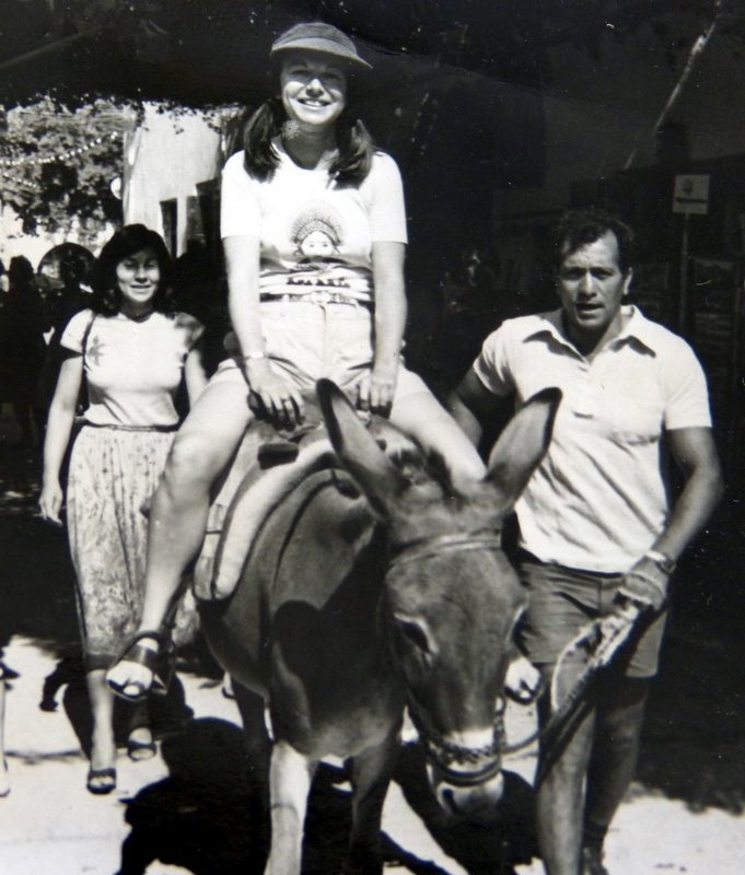 Christine Longfoot riding a donkey