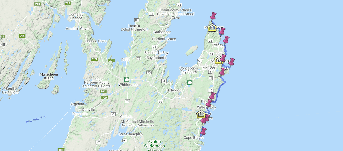 Map of East Coast Trail, best trails to hike in Canada