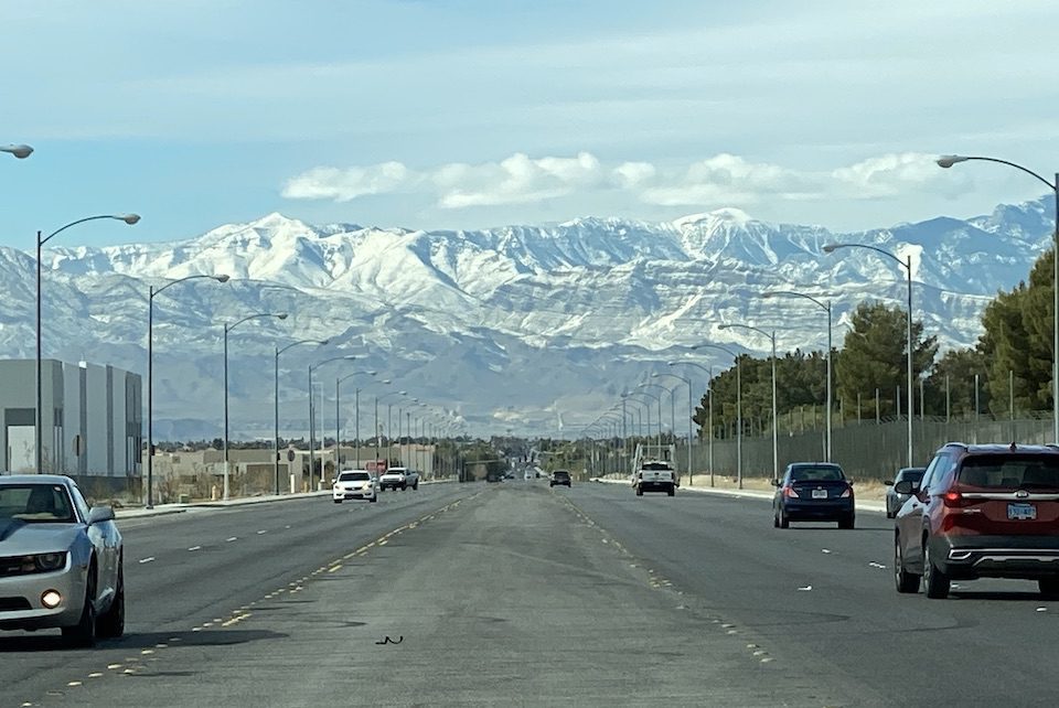 Snow on the mountains surrounding Las Vegas