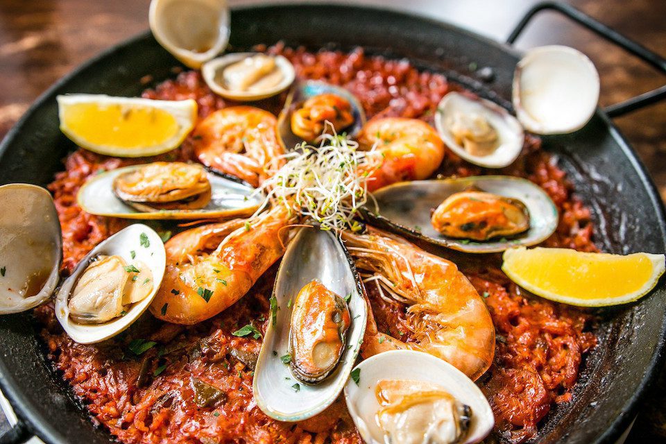 A plate of Spanish seafood paella