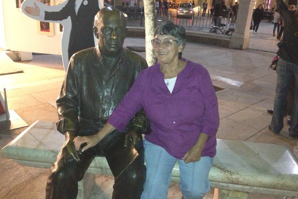 Jane with a statue of Picasso outside of his birthplace in Malaga, Spain