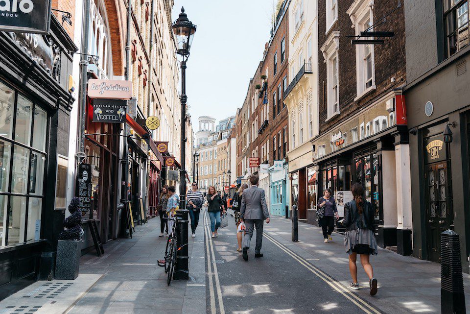 Pedestrian shopping street in Covent Garden district in London.
