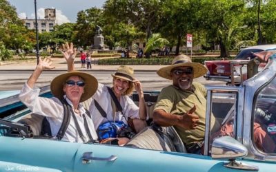 Peggy Farren (centre) on a car tour in Cuba