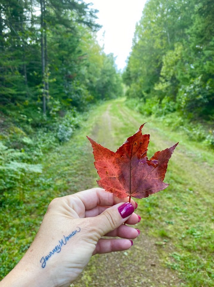 A woman's hand holding a Canadian maple leaf in PEI