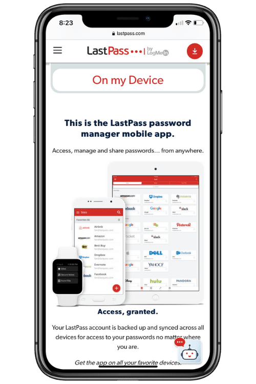 A cellphone showing the LastPass password keeping app