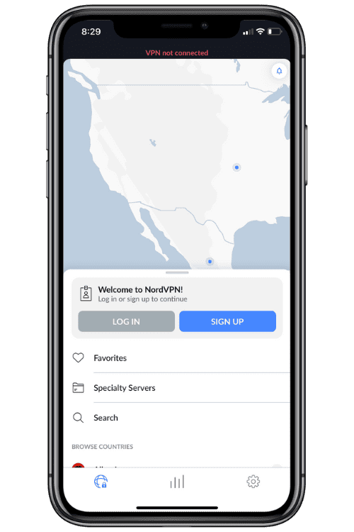 Cellphone showing options on the NordVPN app