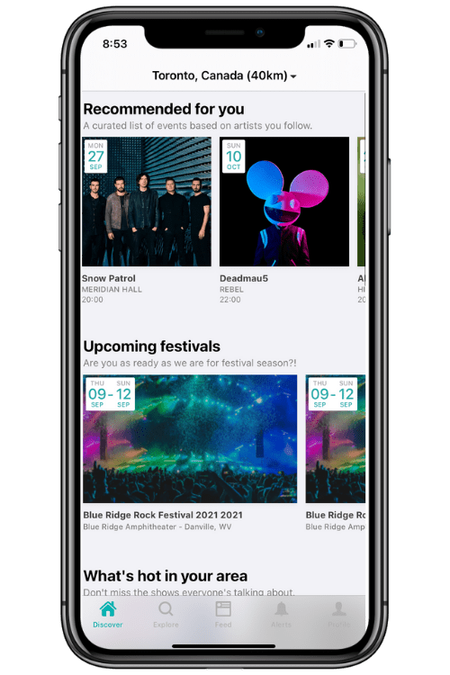 Find artists playing in town while you travel with the Bands in Town app, shown here on a cellphone