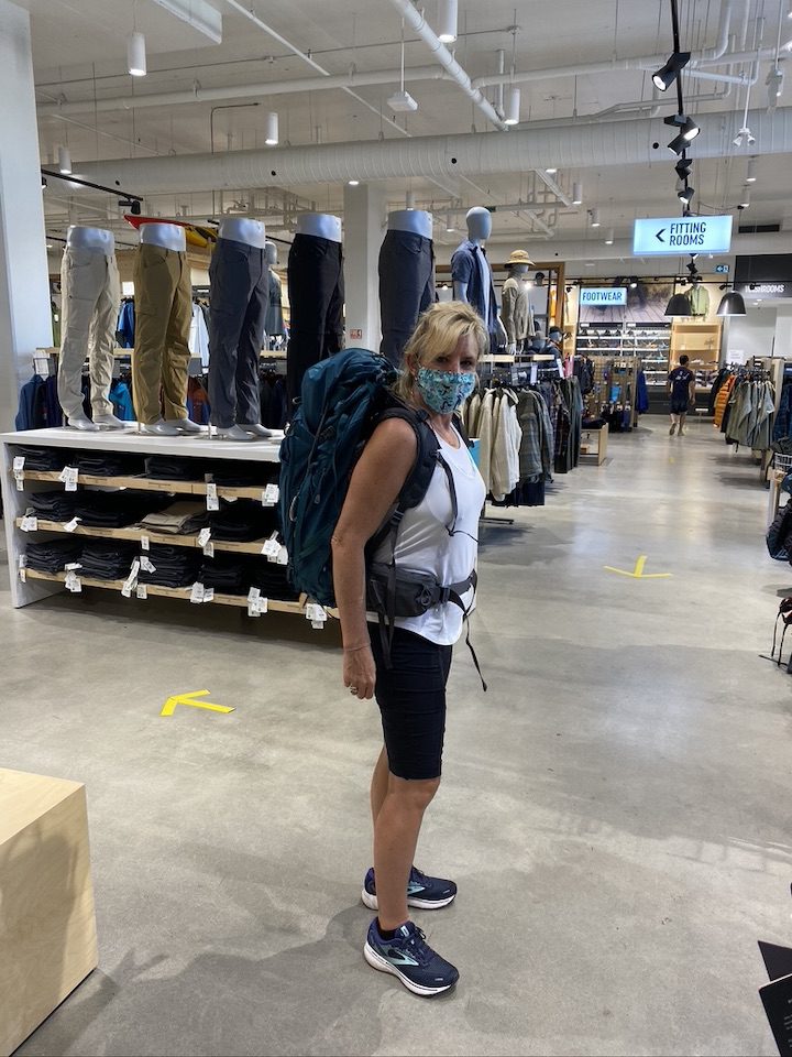 Carolyn with her backpack ready to walk the Camino de Santiago