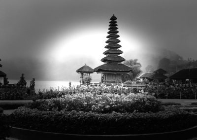 An Asian style pagoda shot in black and white