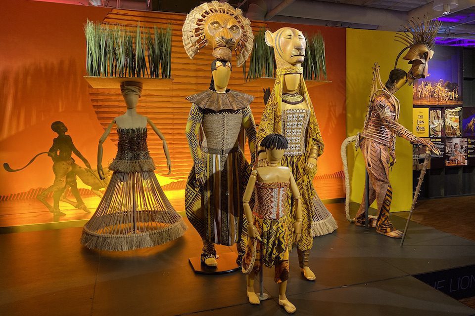 Costumes for the show The Lion King at the Showstoppers Costume Exhibit