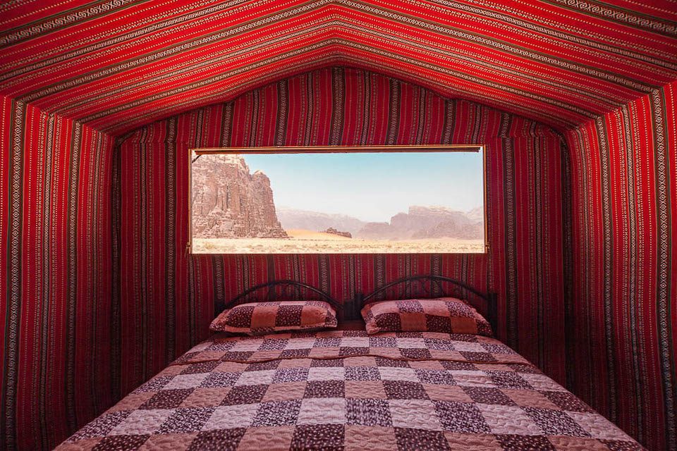 unique places to stay Interior at the Bedouin tent in Wadi Rum, Jordan | Photo by Arabian Nights