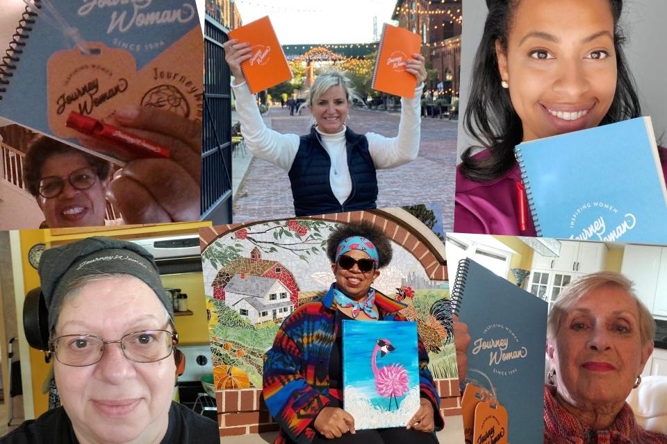Various women holding up their JourneyWoman branded travel accessories