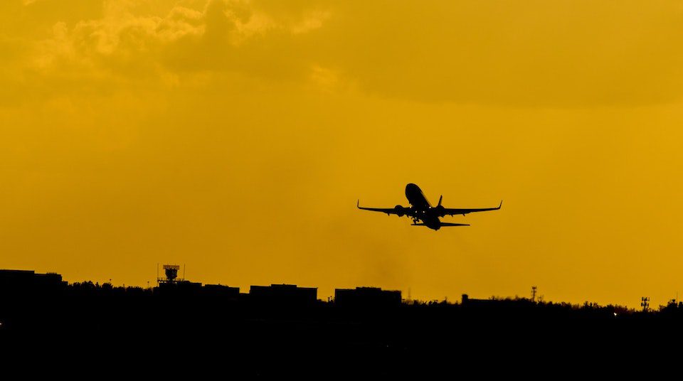 A plane taking off at Miami International Airport
