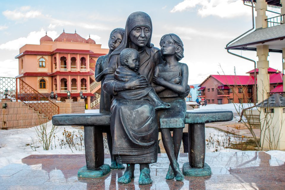 Kaluga region, Russia - March 2019: Monument to Mother Teresa (Saint Teresa of Calcutta), a Catholic nun. Ethnographic Park Ethnomir