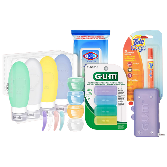 An assortment of travel essentials like disinfectant wipes, toiletry bottles, and floss.