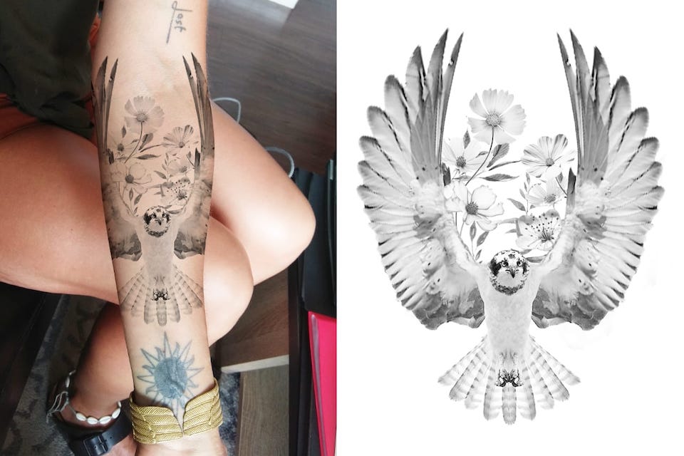 From sketch to skin - Amanda's hawk tattoo