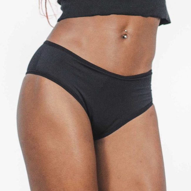 A woman wearing a pair of black period undies