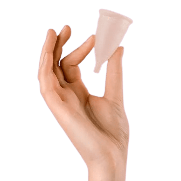 A hand holding a menstruation cup