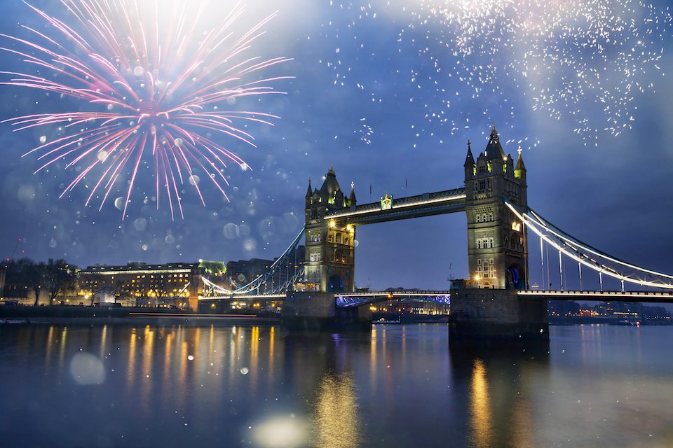 Celebratory fireworks over Tower Bridge