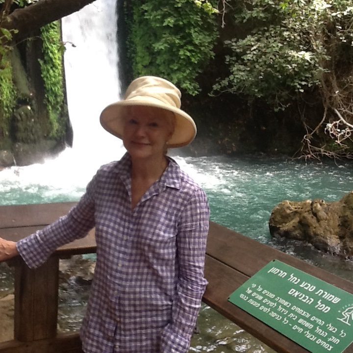 Karen Barclay in front of Banias Falls, Sea of Galilee, Israel