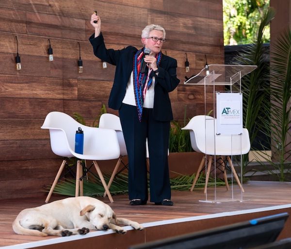 Anna presenting on stage at ATMEX 2019, Valle de Bravo, Mexico