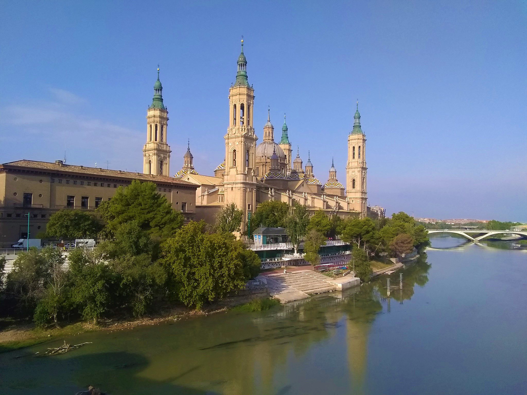 A view of the Pilar Cathedral, taken from the Stone Bridge in Zaragoza, Spain