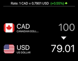Currency conversion app showing CAD to USD conversion