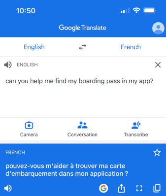 Google Translator App showing English to French translation