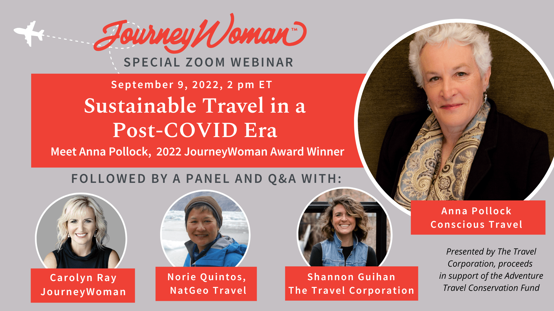 sustainable travel webinar cover with four women