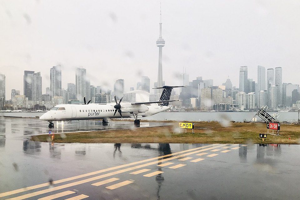 An aircraft from Porter Airlines sits on the tarmac at Billy Bishop Airport in Toronto