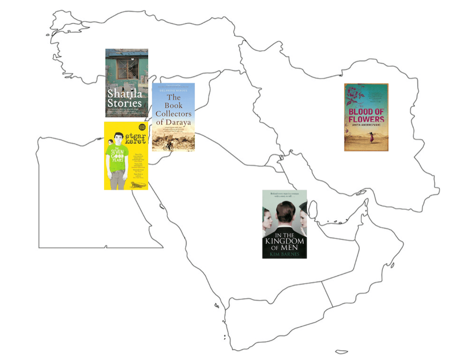 A map with covers of books that take place in the Middle East