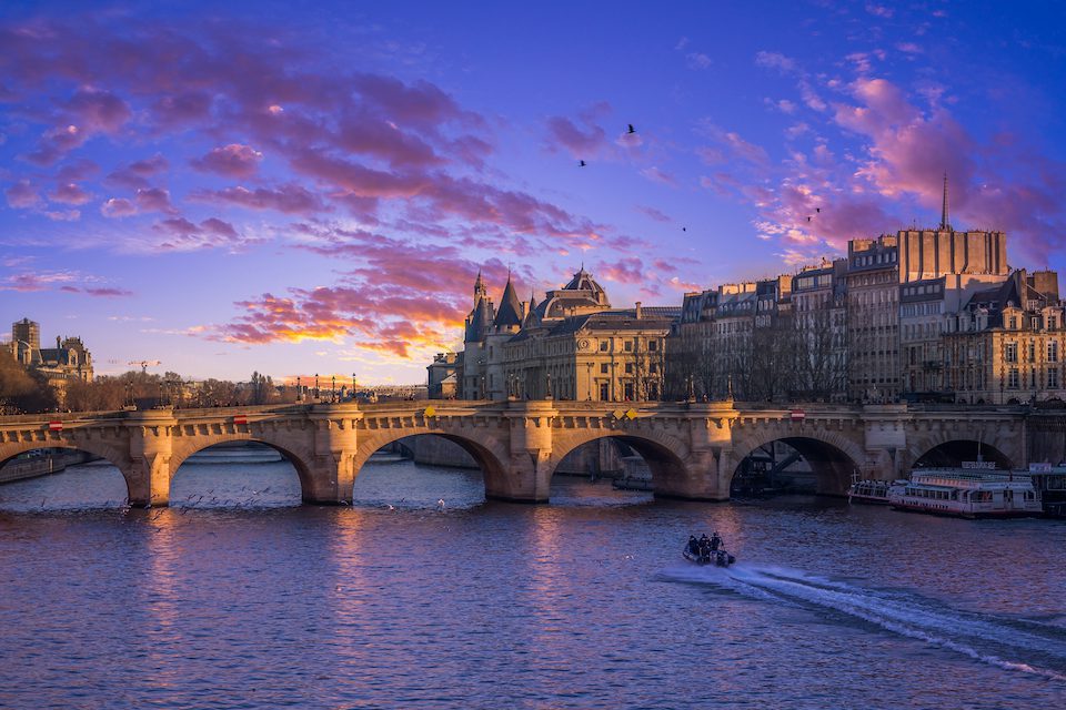 View of Pont Neuf in Paris France at dusk