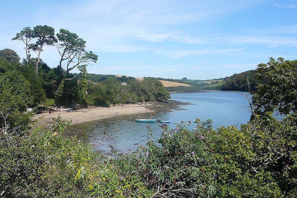 View of river and sand bank in St Mawes, Cornwall UK