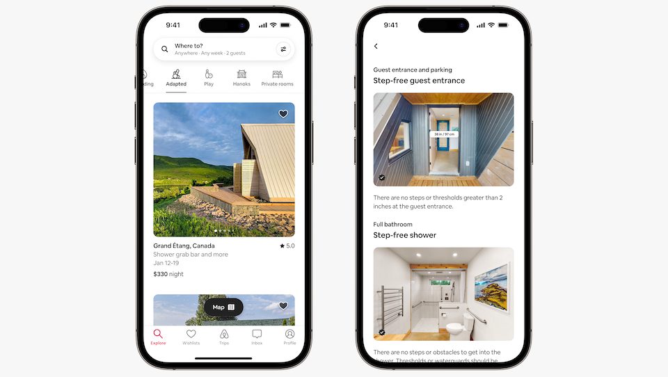 Accessible travel is made easier with Airbnb's Adapted category, as seen in these phone mockups