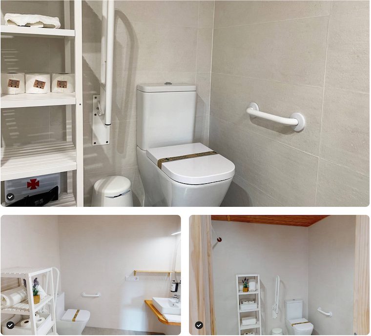 A bathroom that has been adapted with arm grab bars for accessible travel