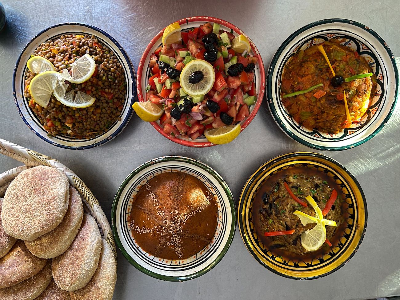 A variety of vegetarian dishes at a Moroccan cooking school